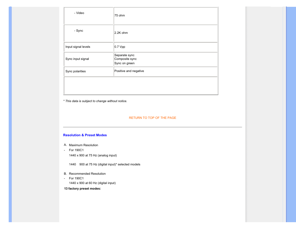 Resolution & preset modes | Philips 190C1SB-00 User Manual | Page 34 / 115