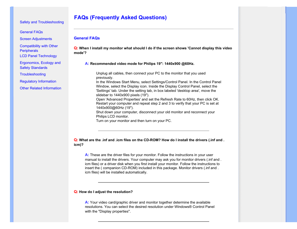 Faqs (frequently asked questions), Faqs | Philips 190C1SB-00 User Manual | Page 4 / 115
