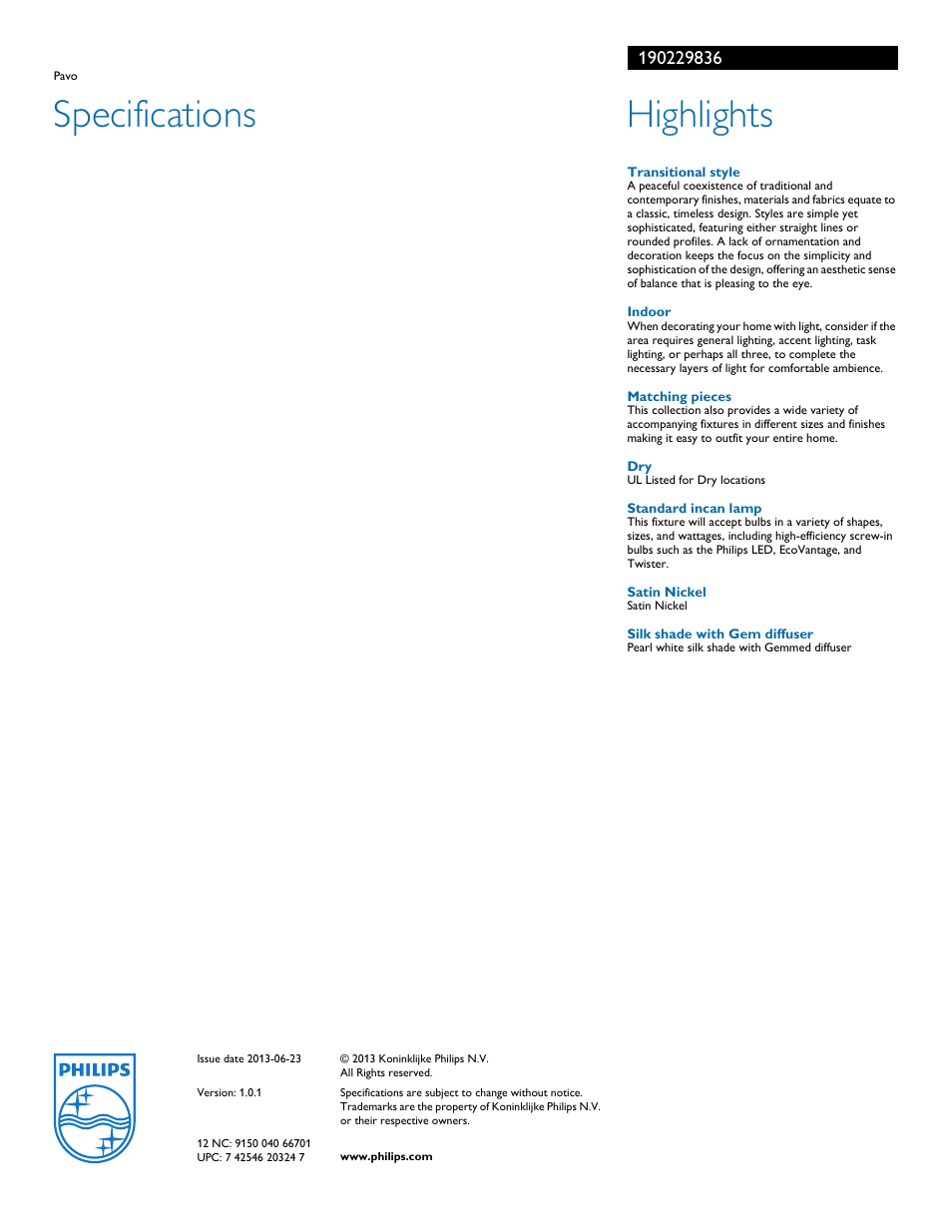 Specifications, Highlights | Philips 190229836 User Manual | Page 2 / 2