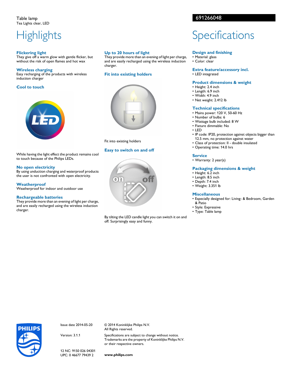 Highlights, Specifications | Philips 691266048 User Manual | Page 2 / 2