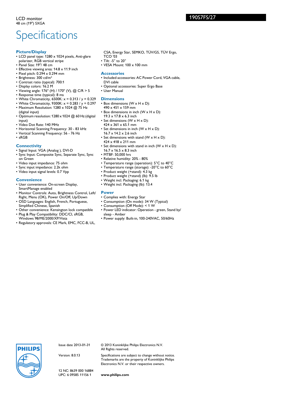 Specifications | Philips 190S7FS-27 User Manual | Page 3 / 3