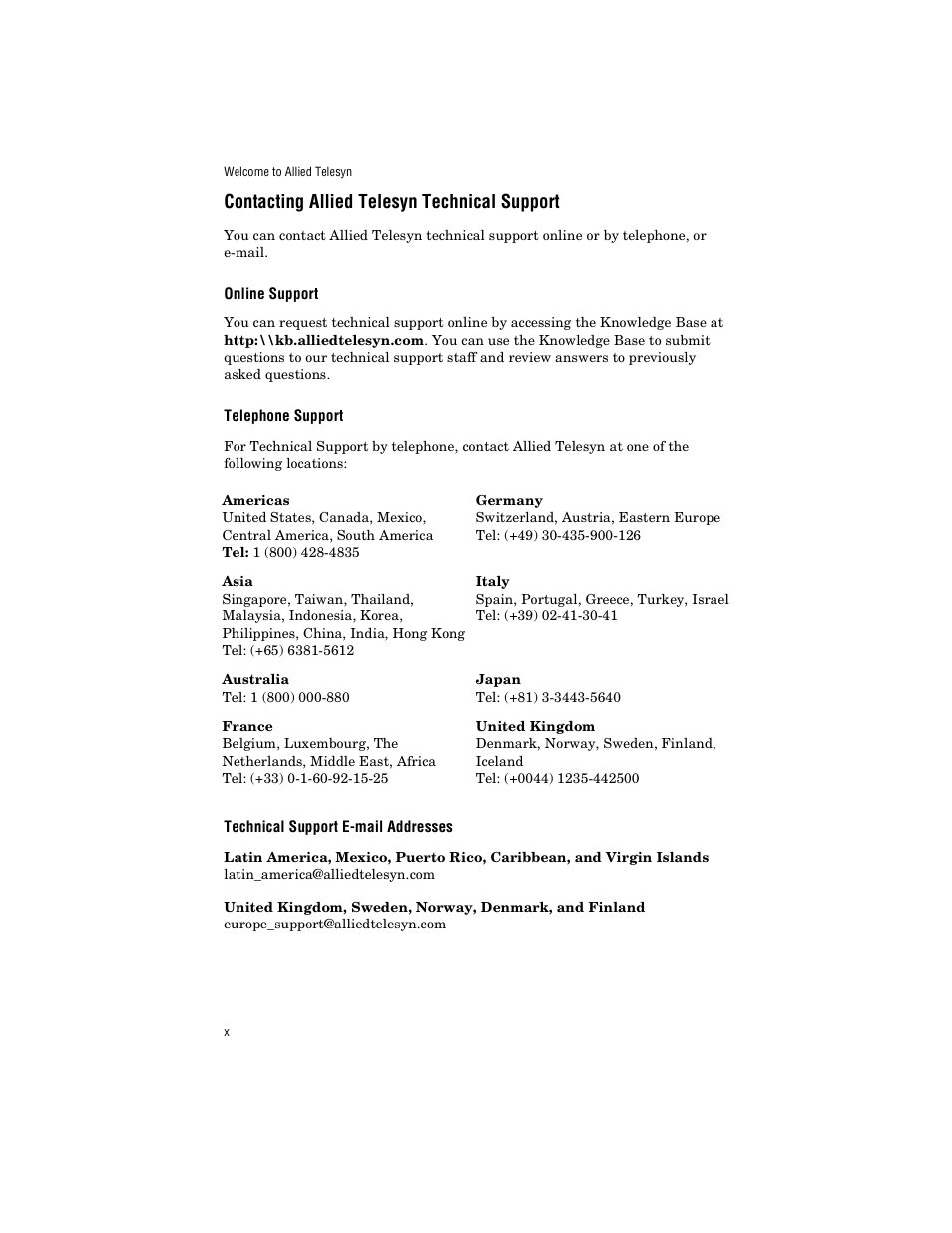 Contacting allied telesyn technical support, Online support, Telephone support | Technical support e-mail addresses | Allied Telesis AT-FS238a/2 User Manual | Page 10 / 68