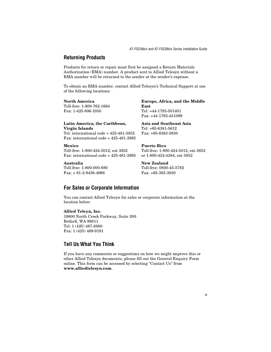 Returning products, For sales or corporate information, Tell us what you think | Allied Telesis AT-FS238a/2 User Manual | Page 11 / 68