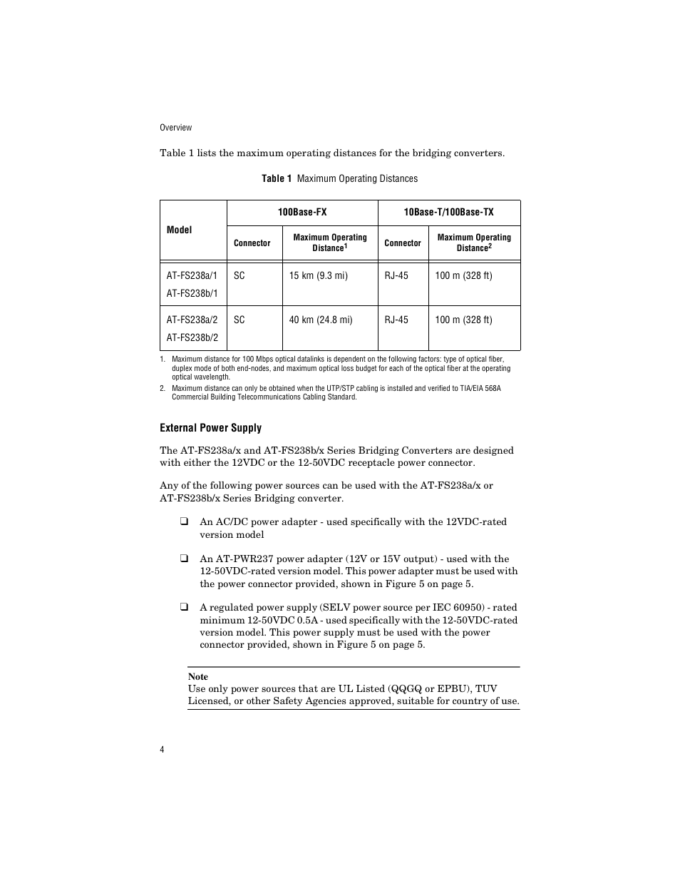 External power supply | Allied Telesis AT-FS238a/2 User Manual | Page 16 / 68