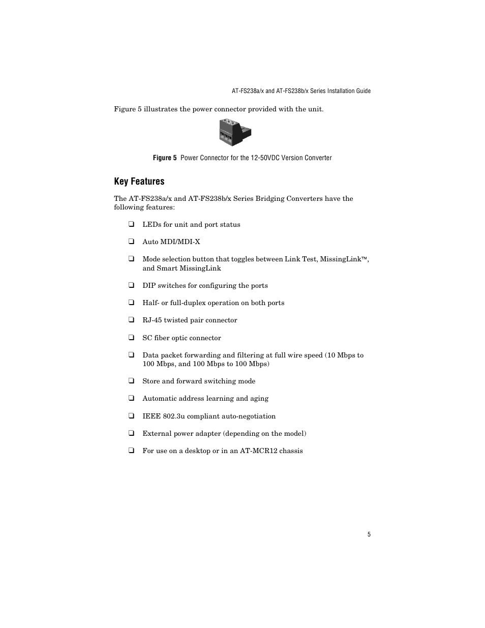 Key features, N in figure 5 | Allied Telesis AT-FS238a/2 User Manual | Page 17 / 68