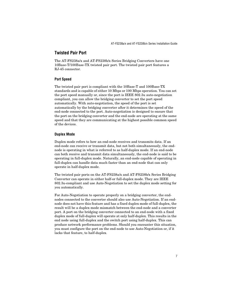 Twisted pair port, Port speed, Duplex mode | Allied Telesis AT-FS238a/2 User Manual | Page 19 / 68