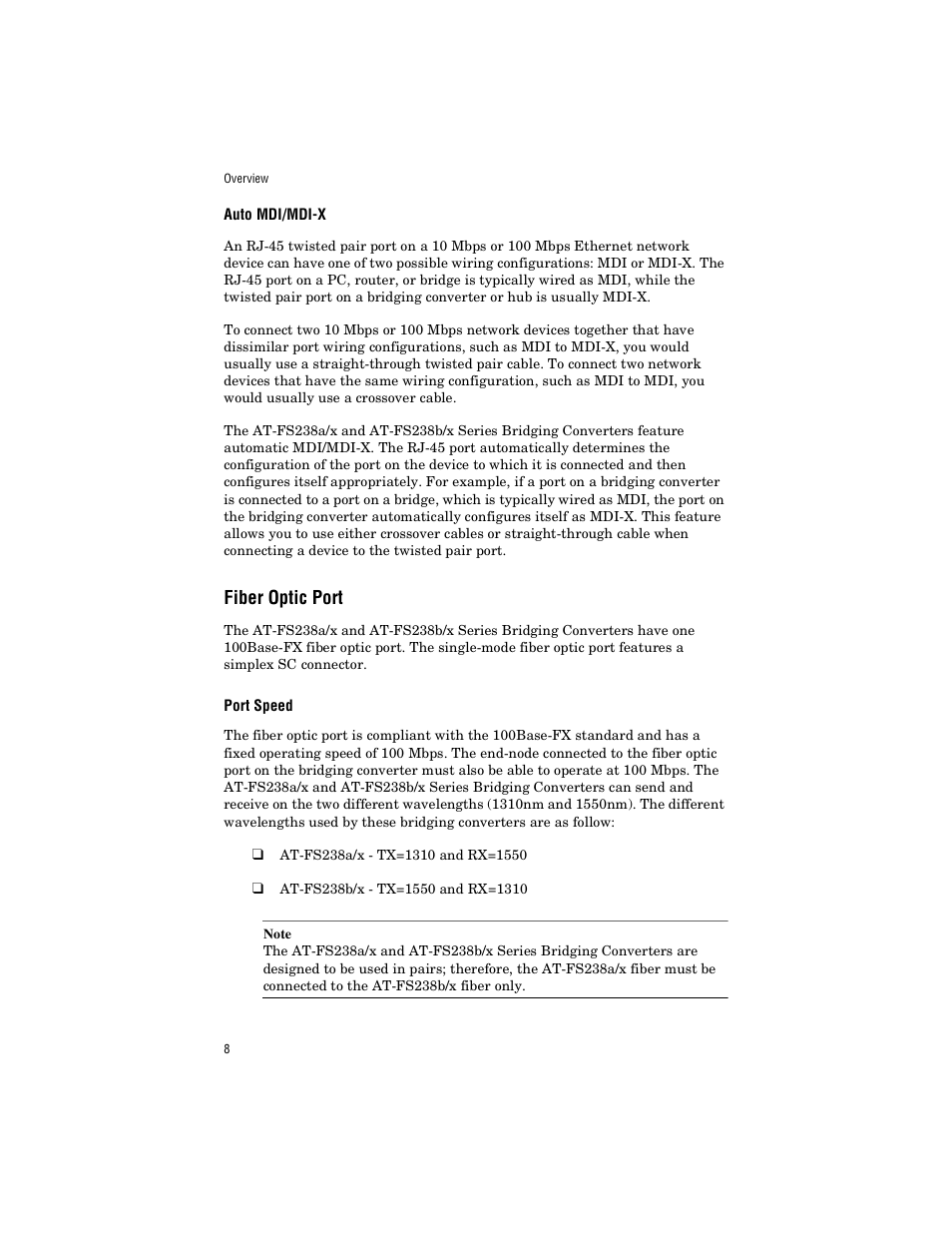 Auto mdi/mdi-x, Fiber optic port, Port speed | Allied Telesis AT-FS238a/2 User Manual | Page 20 / 68