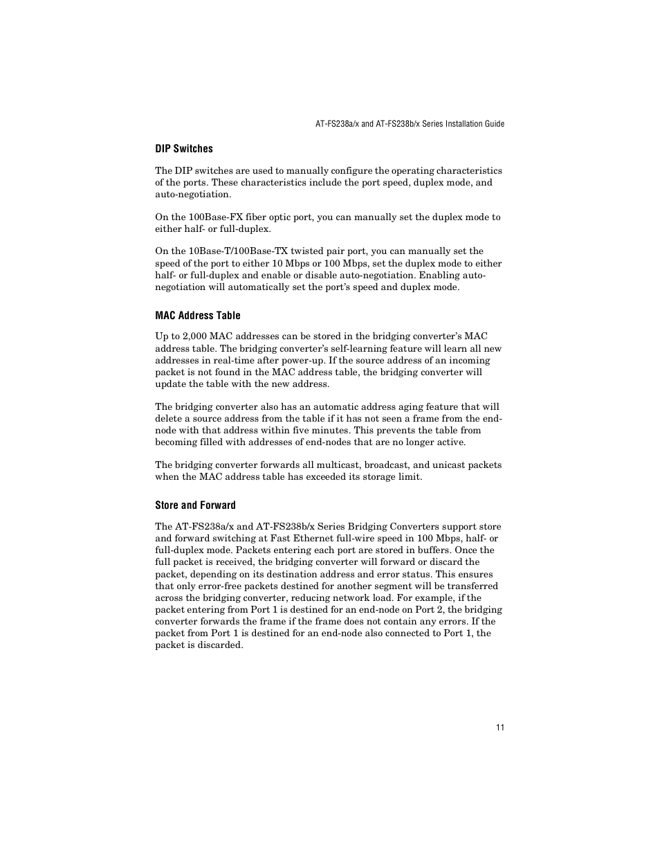 Dip switches, Mac address table, Store and forward | Allied Telesis AT-FS238a/2 User Manual | Page 23 / 68