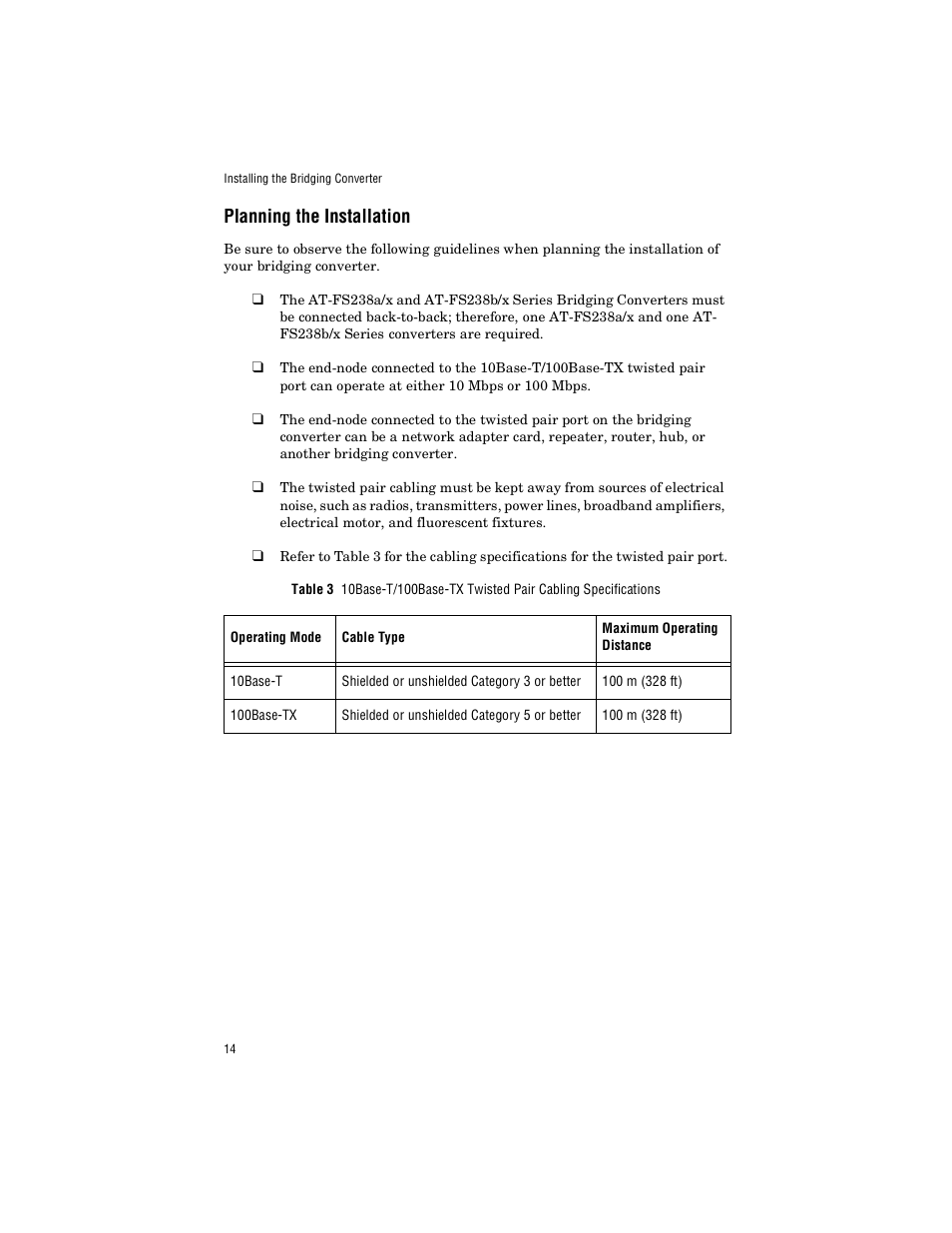 Planning the installation | Allied Telesis AT-FS238a/2 User Manual | Page 26 / 68