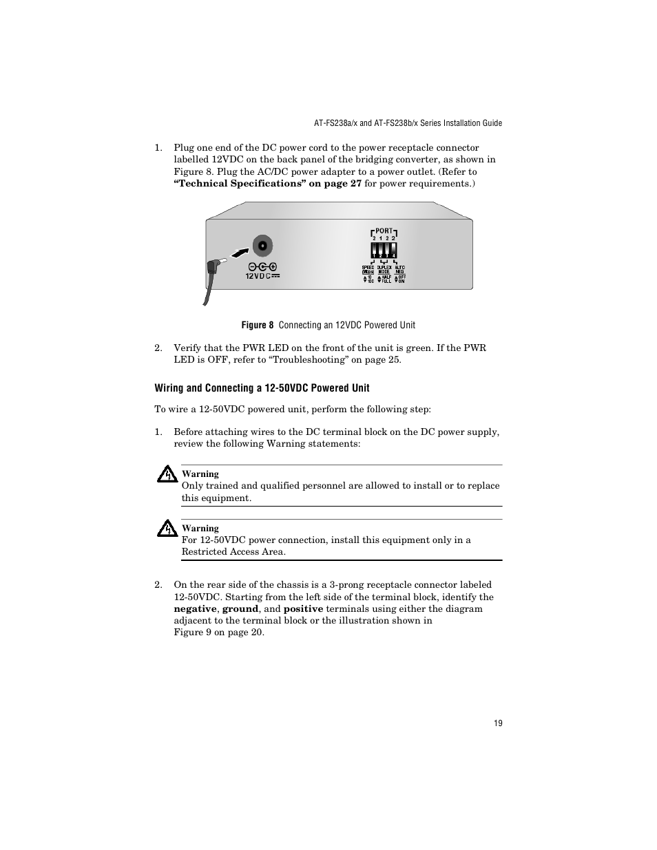 Wiring and connecting a 12-50vdc powered unit | Allied Telesis AT-FS238a/2 User Manual | Page 31 / 68