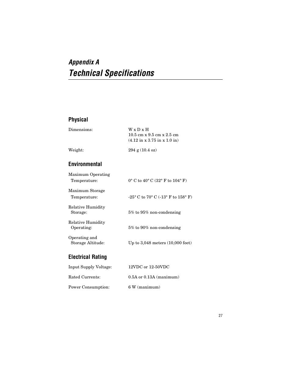Appendix a, Technical specifications, Physical | Environmental, Electrical rating | Allied Telesis AT-FS238a/2 User Manual | Page 39 / 68