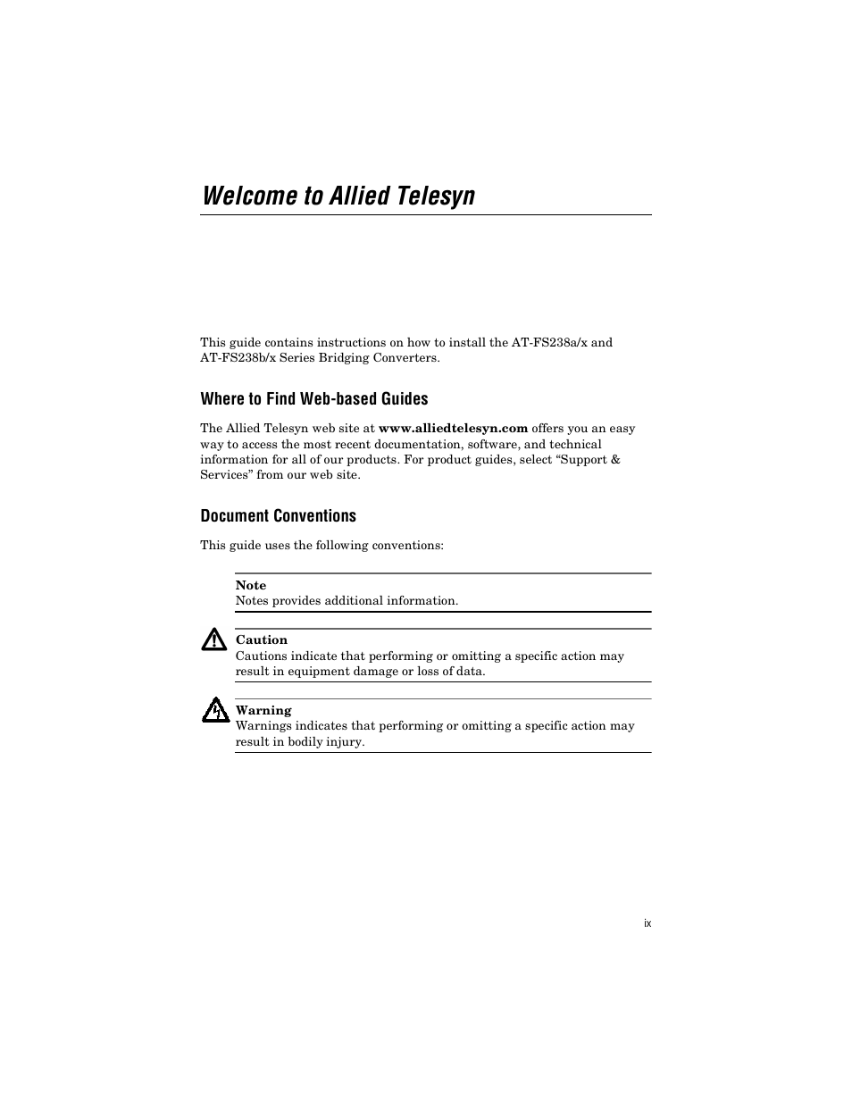 Welcome to allied telesyn, Where to find web-based guides, Document conventions | Allied Telesis AT-FS238a/2 User Manual | Page 9 / 68