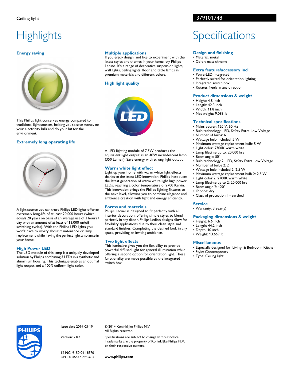 Highlights, Specifications | Philips 379101748 User Manual | Page 2 / 2