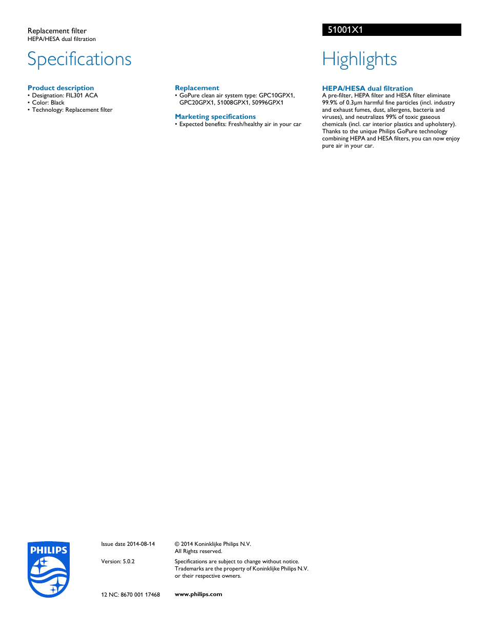 Specifications, Highlights | Philips GoPure Replacement filter for clean air system 51001X1 HEPA-HESA dual filtration User Manual | Page 2 / 2