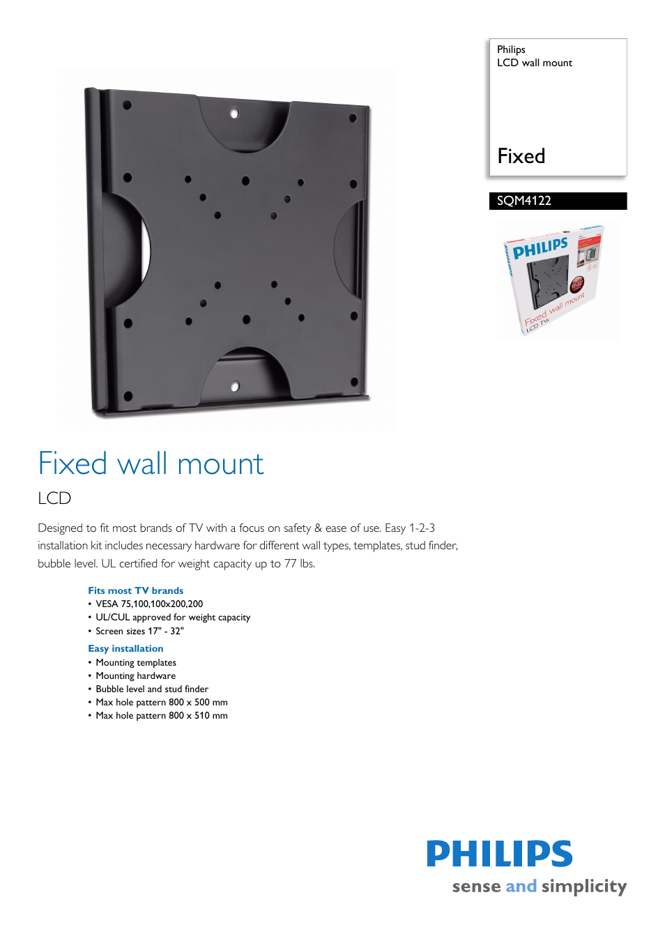 Philips LCD wall mount SQM4122 Fixed User Manual | 2 pages