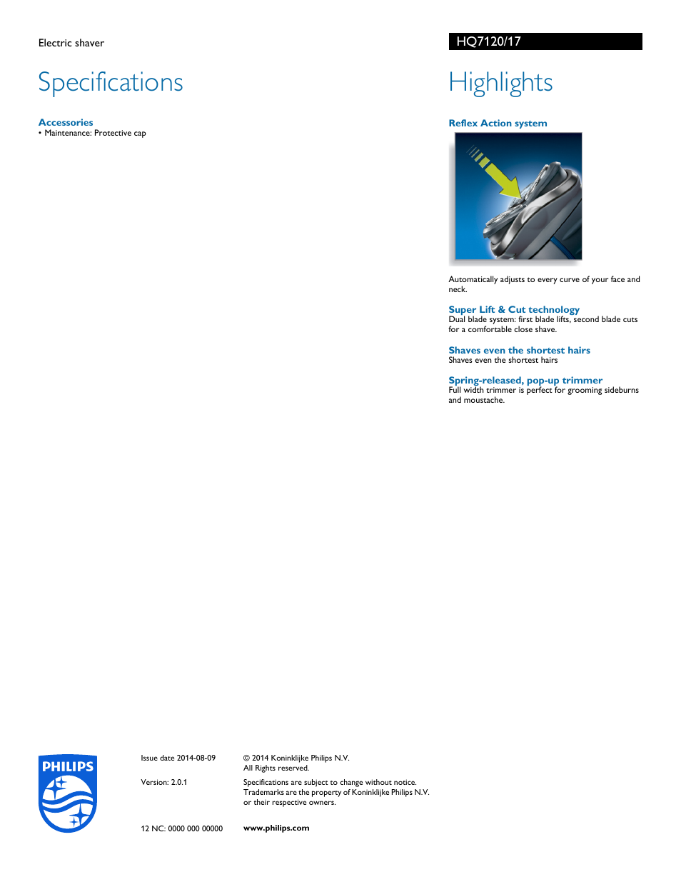 Specifications, Highlights | Philips HQ7120-17 User Manual | Page 2 / 2