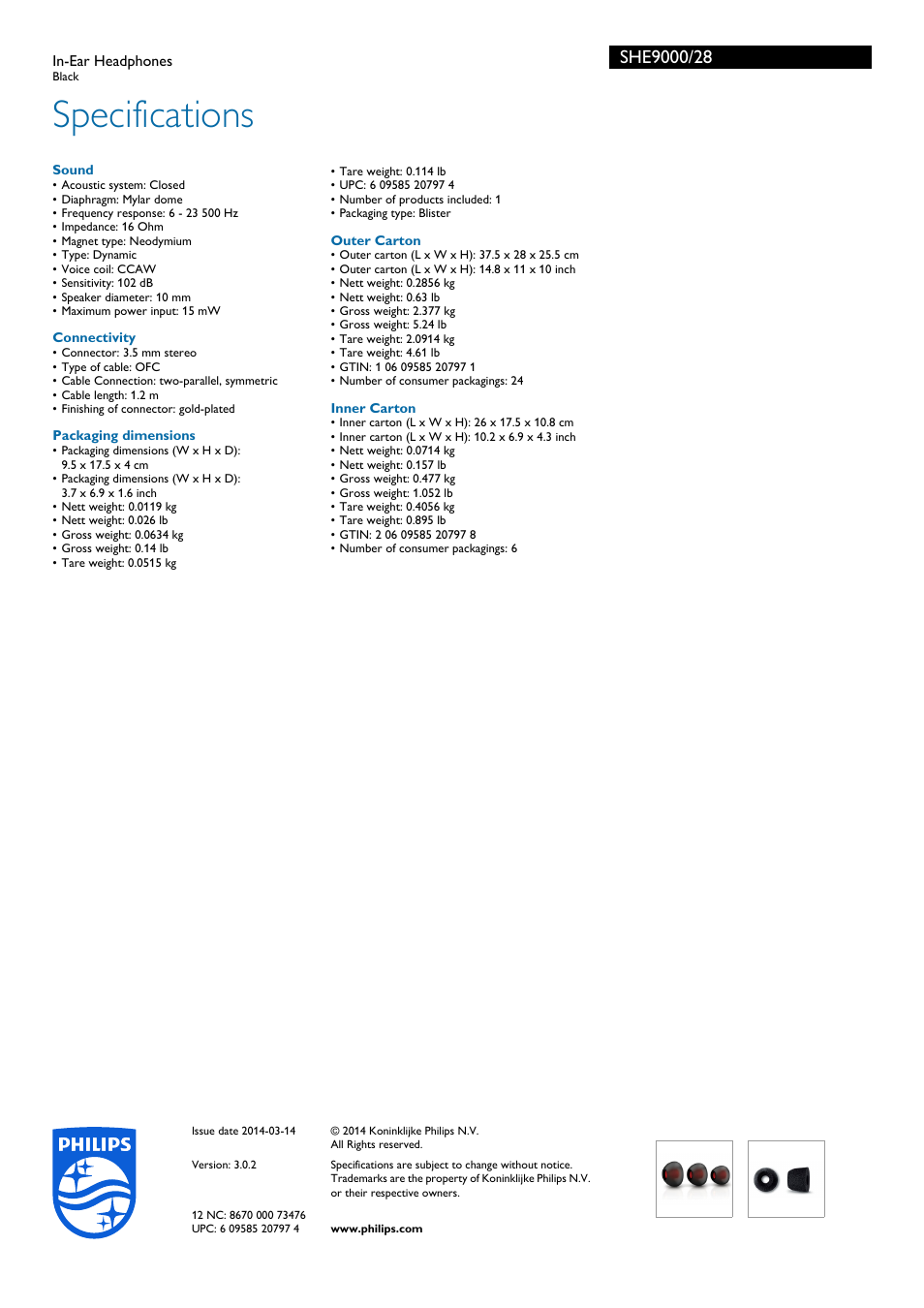 Specifications | Philips SHE9000-28 User Manual | Page 3 / 3