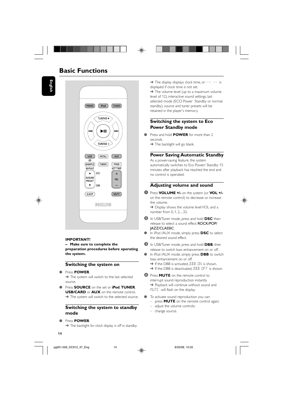 Basic functions, Switching the system on, Switching the system to standby mode | Switching the system to eco power standby mode, Power saving automatic standby, Adjusting volume and sound 1 | Philips DC912-37 User Manual | Page 14 / 27