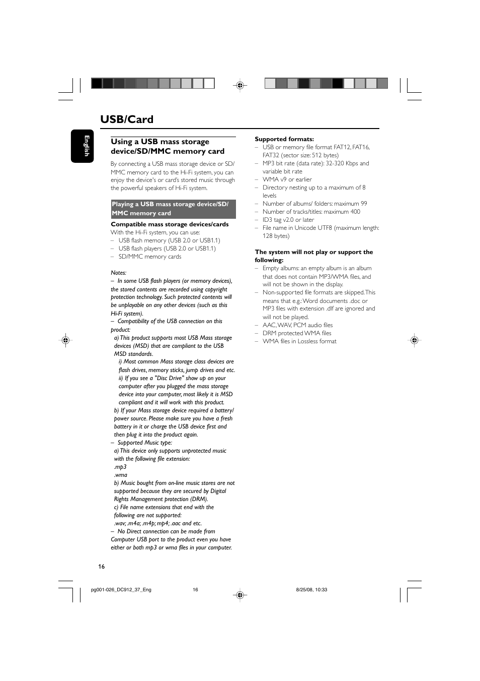 Usb/card | Philips DC912-37 User Manual | Page 16 / 27