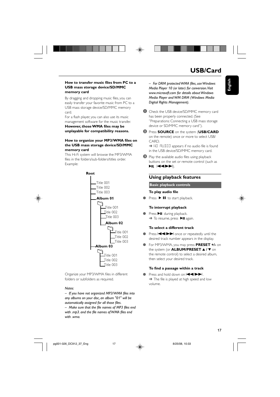 Usb/card, Using playback features | Philips DC912-37 User Manual | Page 17 / 27