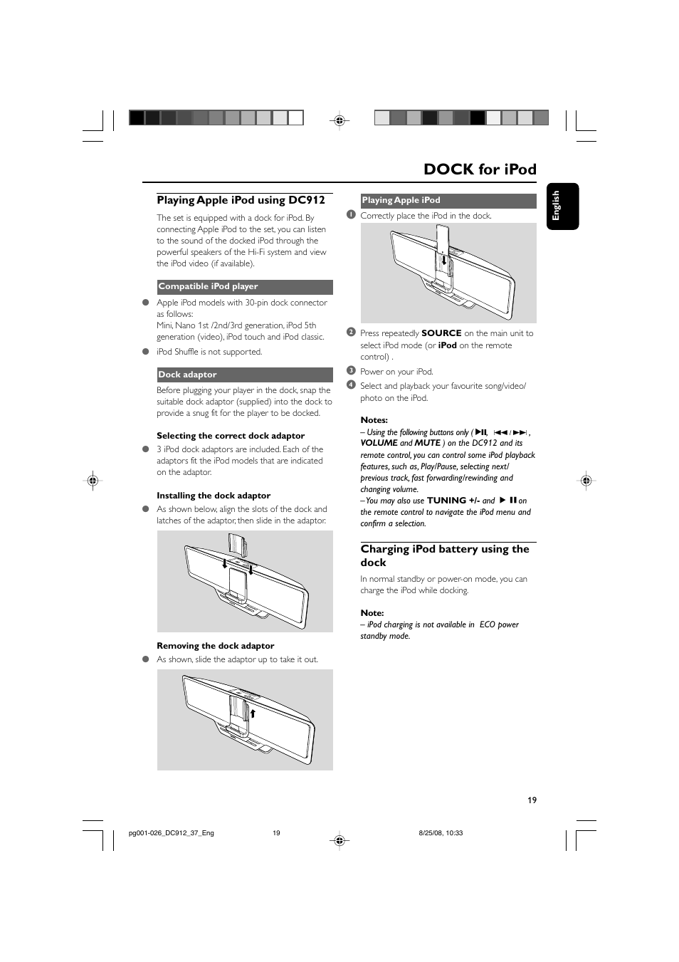 Dock for ipod, Charging ipod battery using the dock, Playing apple ipod using dc912 | Philips DC912-37 User Manual | Page 19 / 27