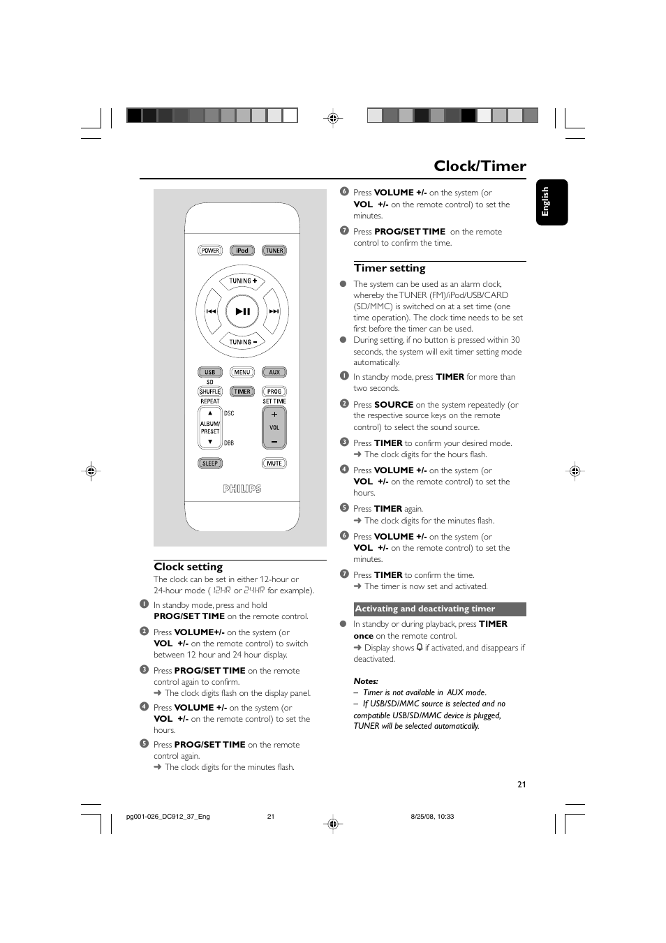 Clock/timer | Philips DC912-37 User Manual | Page 21 / 27