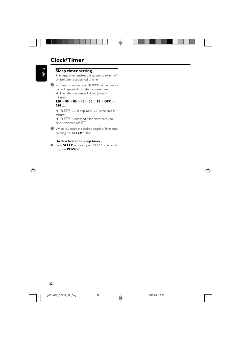 Clock/timer, Sleep timer setting | Philips DC912-37 User Manual | Page 22 / 27