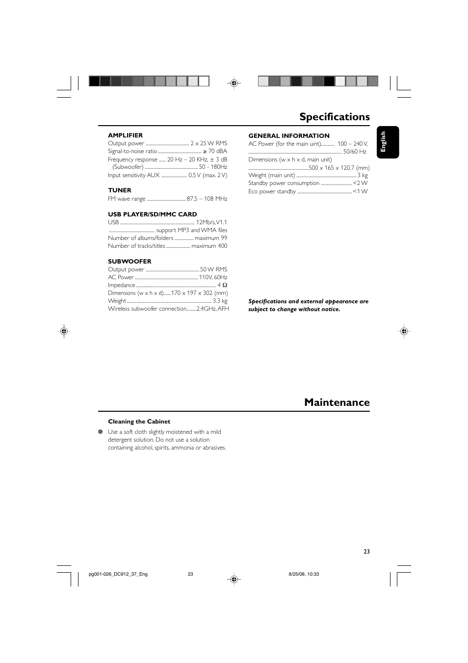 Maintenance specifications | Philips DC912-37 User Manual | Page 23 / 27