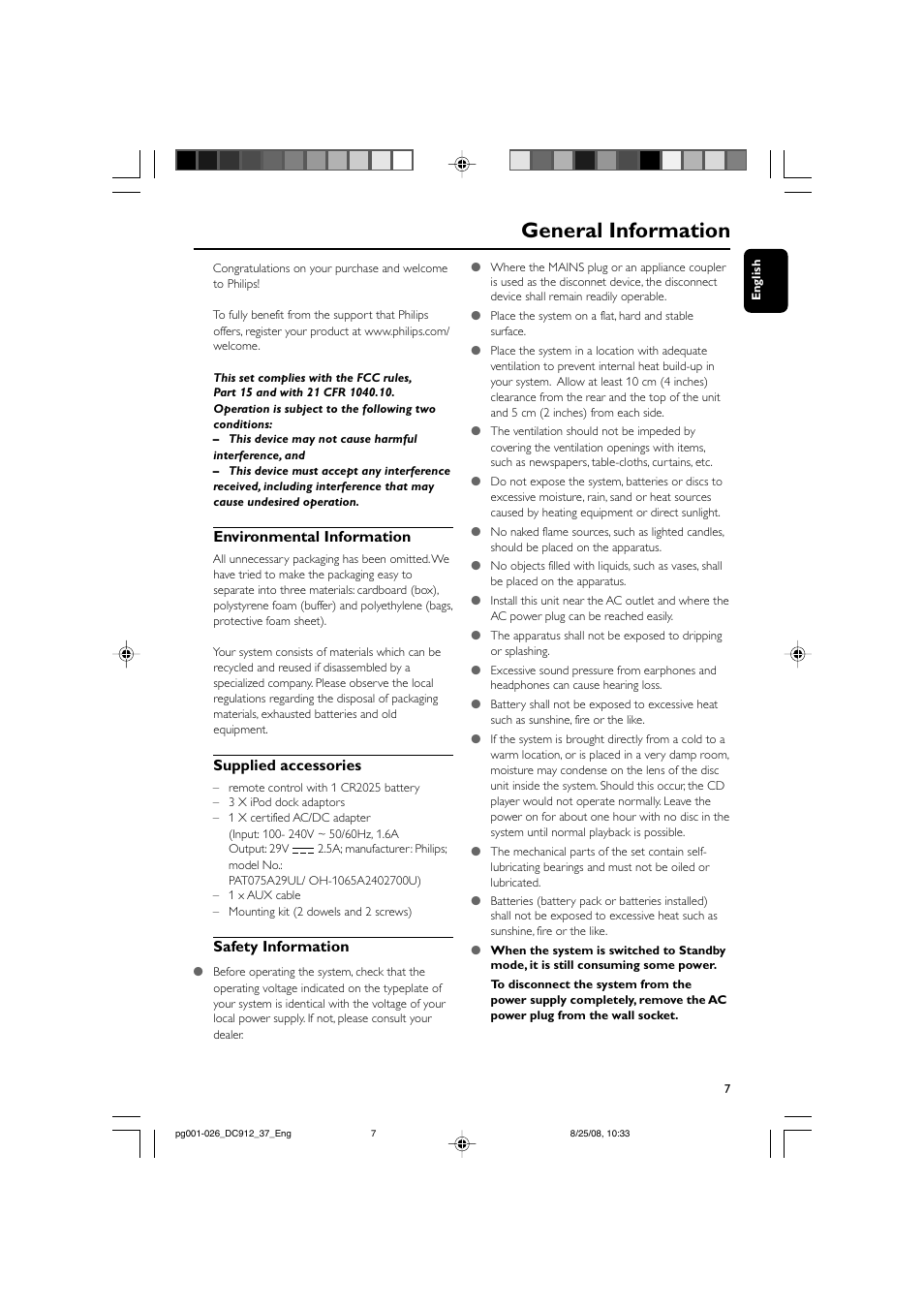 General information, Environmental information, Supplied accessories | Safety information | Philips DC912-37 User Manual | Page 7 / 27