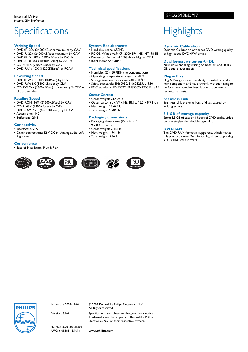 Specifications, Highlights | Philips SPD2513BD-17 User Manual | Page 2 / 2
