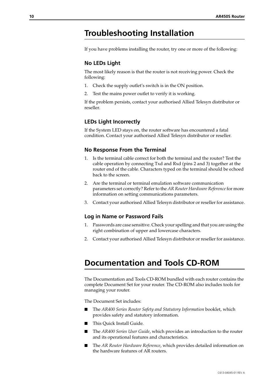 Troubleshooting installation, Documentation and tools cd-rom | Allied Telesis AR450S User Manual | Page 10 / 11