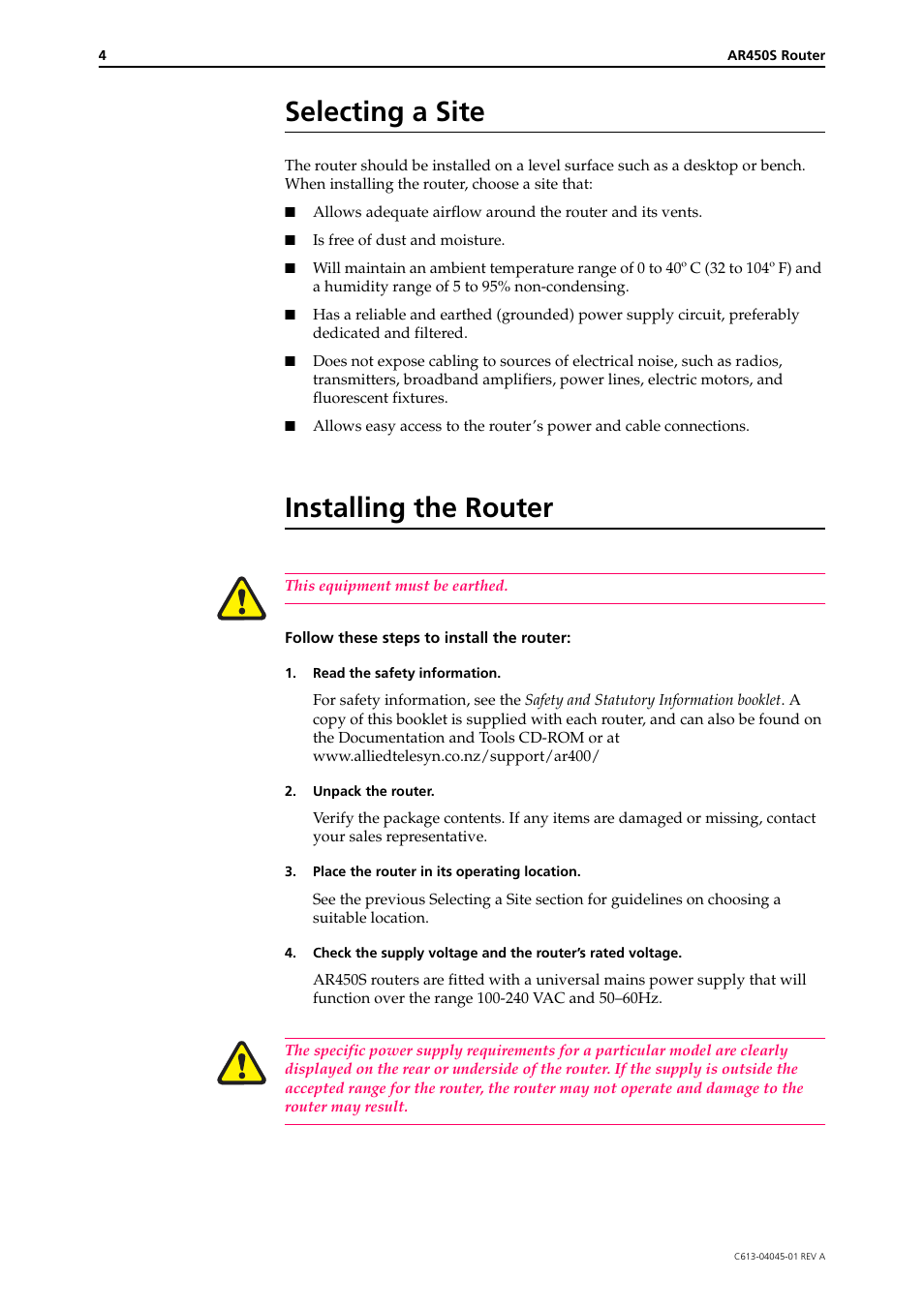 Selecting a site, Installing the router | Allied Telesis AR450S User Manual | Page 4 / 11
