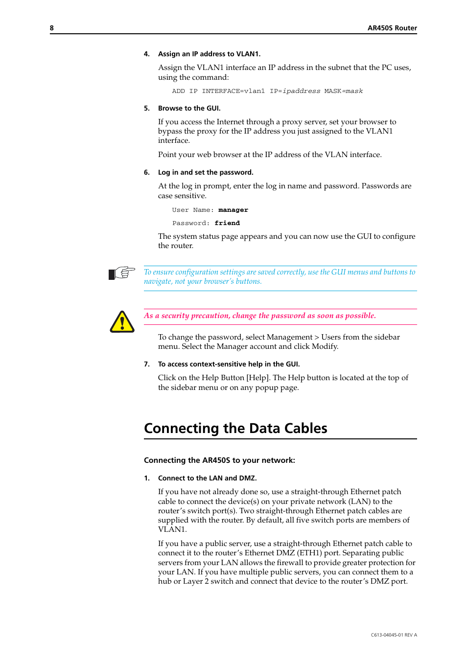 Connecting the data cables | Allied Telesis AR450S User Manual | Page 8 / 11