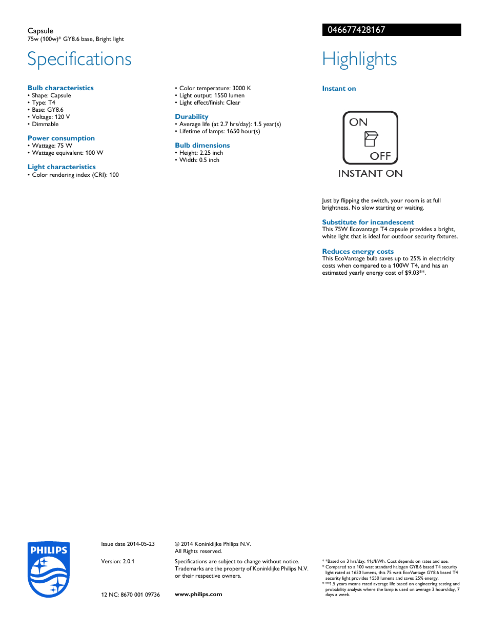 Specifications, Highlights | Philips 046677428167 User Manual | Page 2 / 2