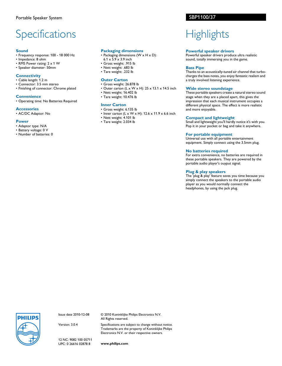 Specifications, Highlights | Philips SBP1100-37 User Manual | Page 2 / 2