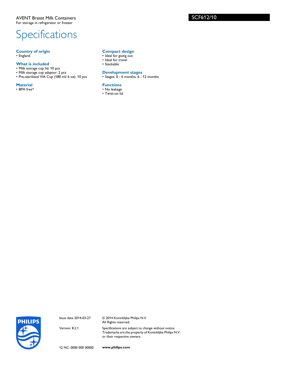 Specifications | Philips SCF612-10 User Manual | Page 2 / 2