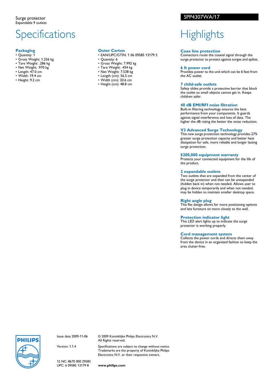 Specifications, Highlights | Philips SPP4307WA-17 User Manual | Page 2 / 2