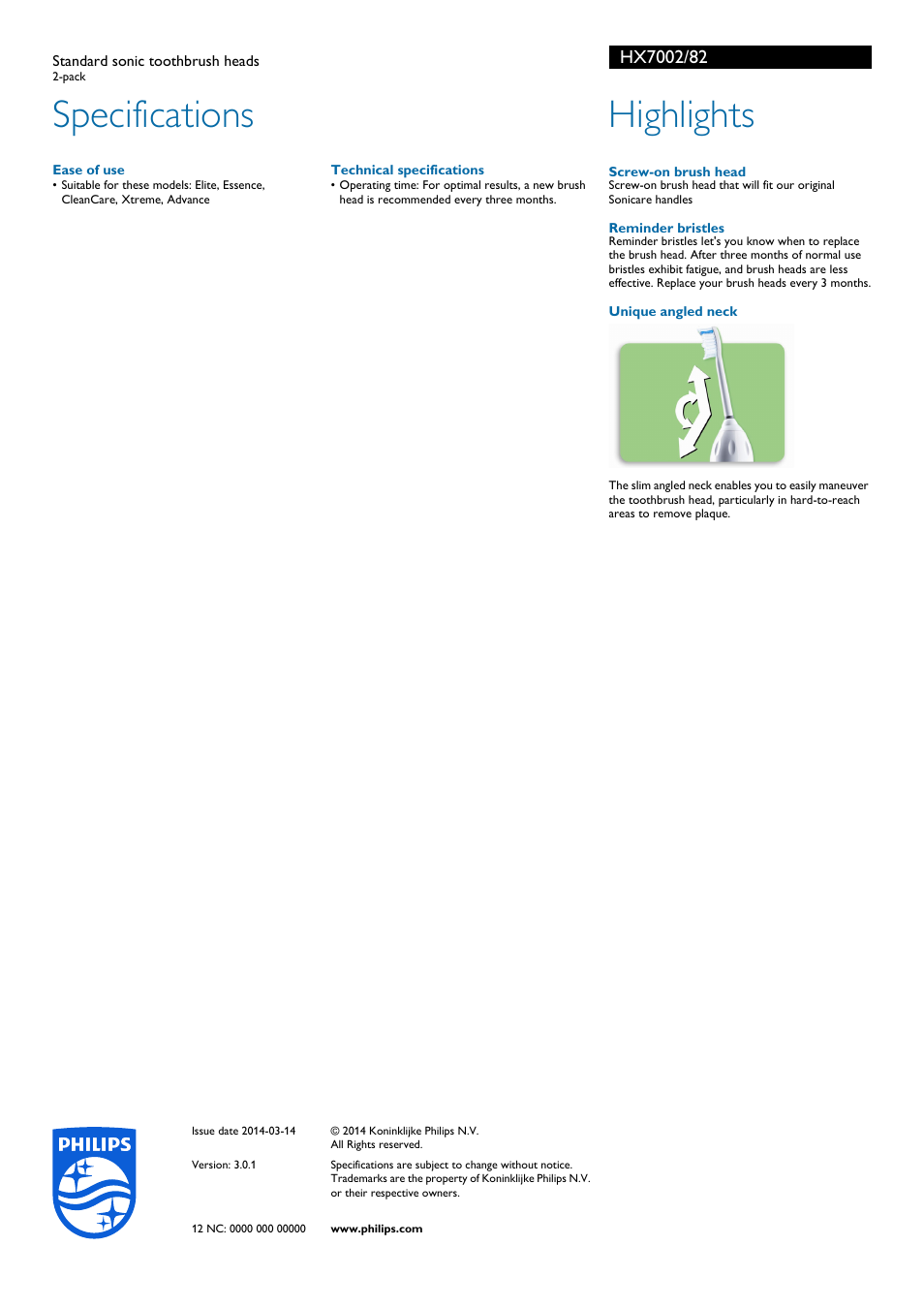 Specifications, Highlights | Philips HX7002-82 User Manual | Page 2 / 2