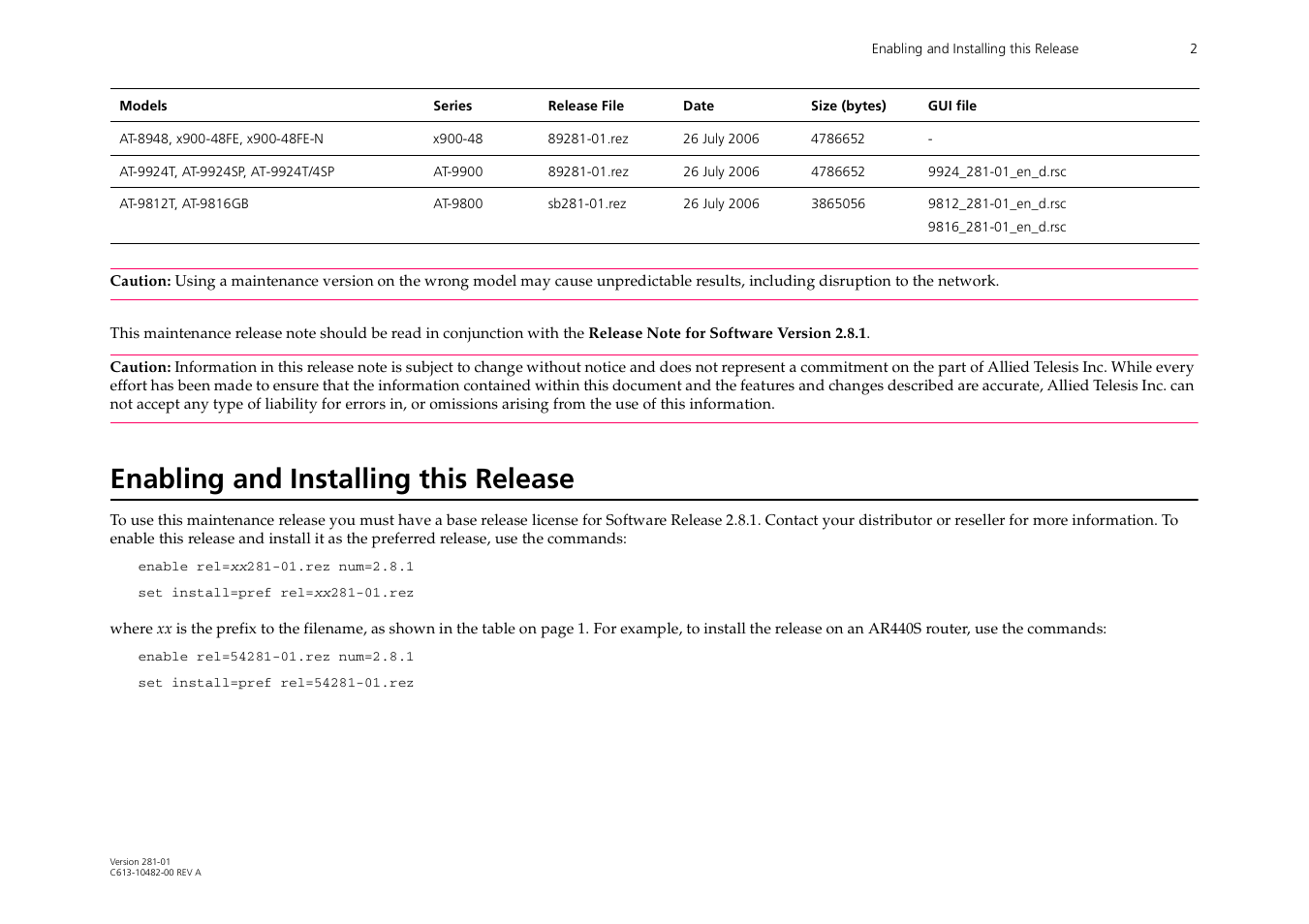 Enabling and installing this release | Allied Telesis AR700 User Manual | Page 2 / 22