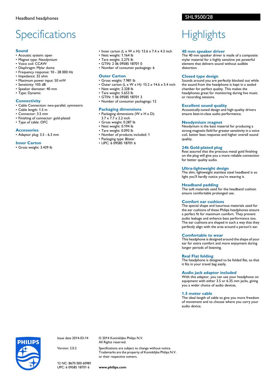 Specifications, Highlights | Philips SHL9500-28 User Manual | Page 2 / 2