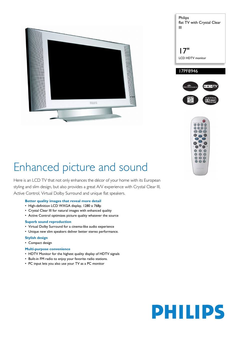 Philips Flat TV 17PF8946 43 cm 17" LCD HDTV monitor with Crystal Clear III User Manual | 2 pages