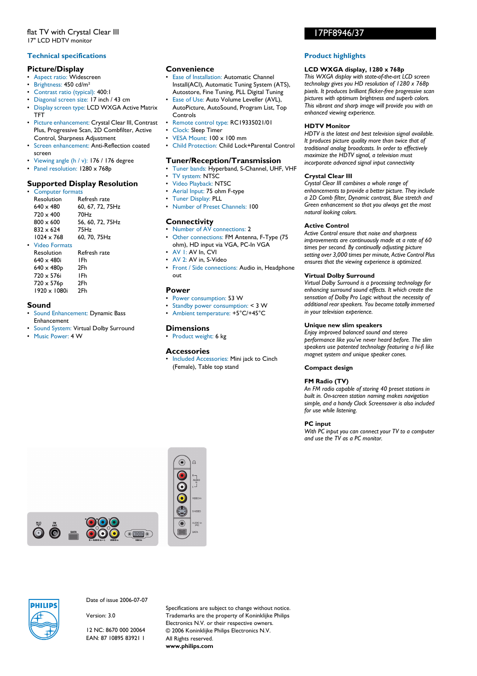 For preview purpose only | Philips Flat TV 17PF8946 43 cm 17" LCD HDTV monitor with Crystal Clear III User Manual | Page 2 / 2