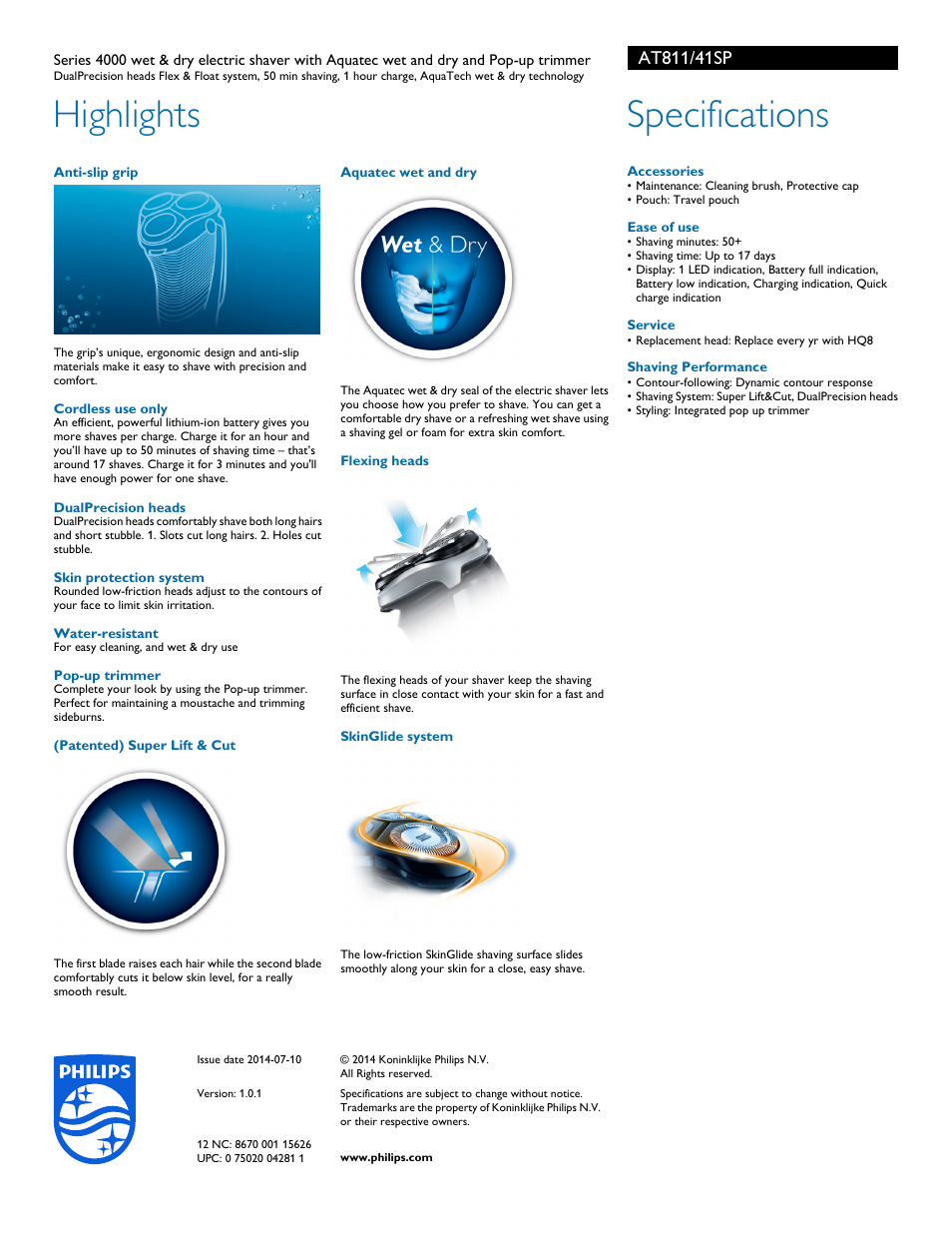 Highlights, Specifications | Philips AT811-41SP User Manual | Page 2 / 2