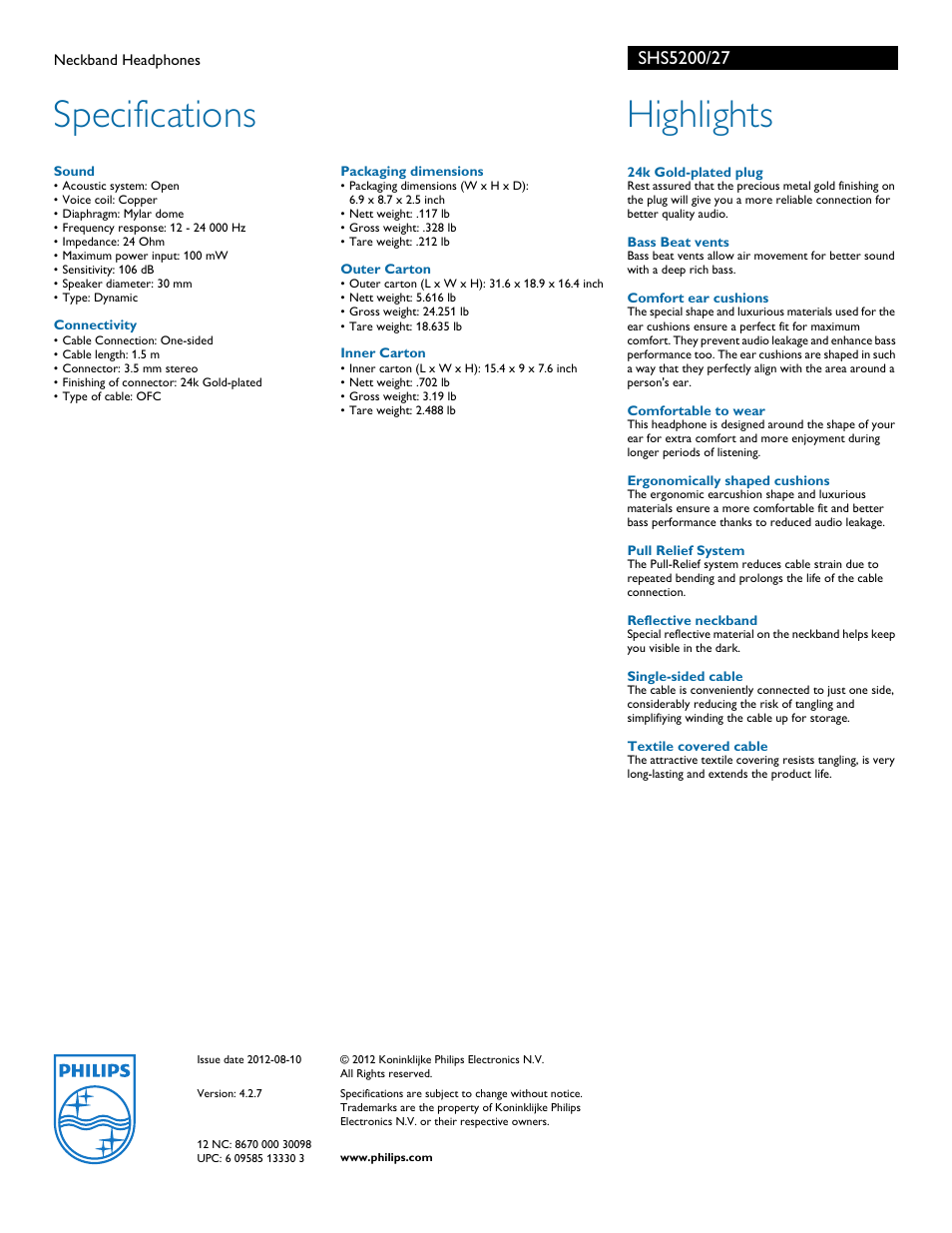 Specifications, Highlights | Philips SHS5200-27 User Manual | Page 2 / 2