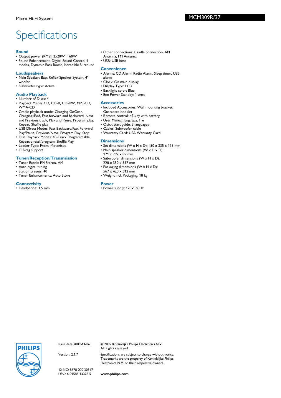 Specifications | Philips MCM309R-37B User Manual | Page 3 / 3