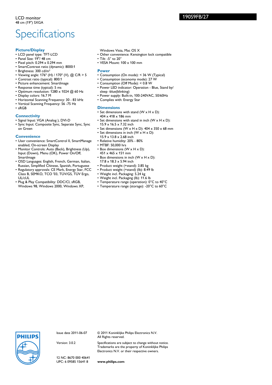 Specifications | Philips 190S9FB-27 User Manual | Page 3 / 3