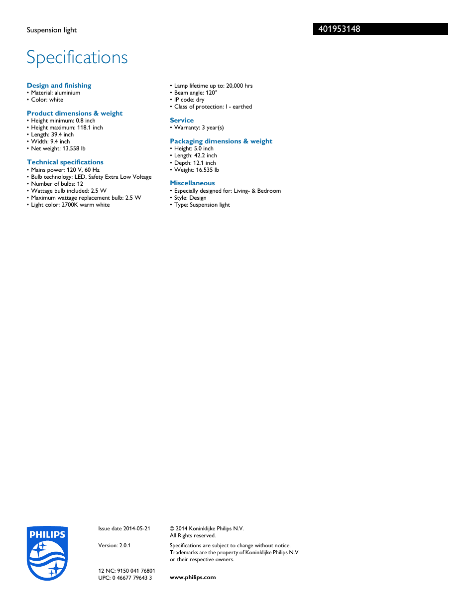 Specifications | Philips 401953148 User Manual | Page 3 / 3