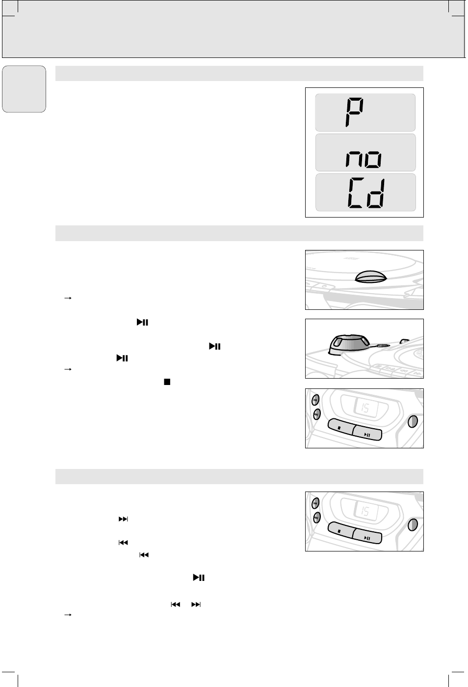 Cd player, Selecting a different track, Modes: when the respective mode is activated | Error in cd operation, English | Philips AZ100717 User Manual | Page 5 / 10