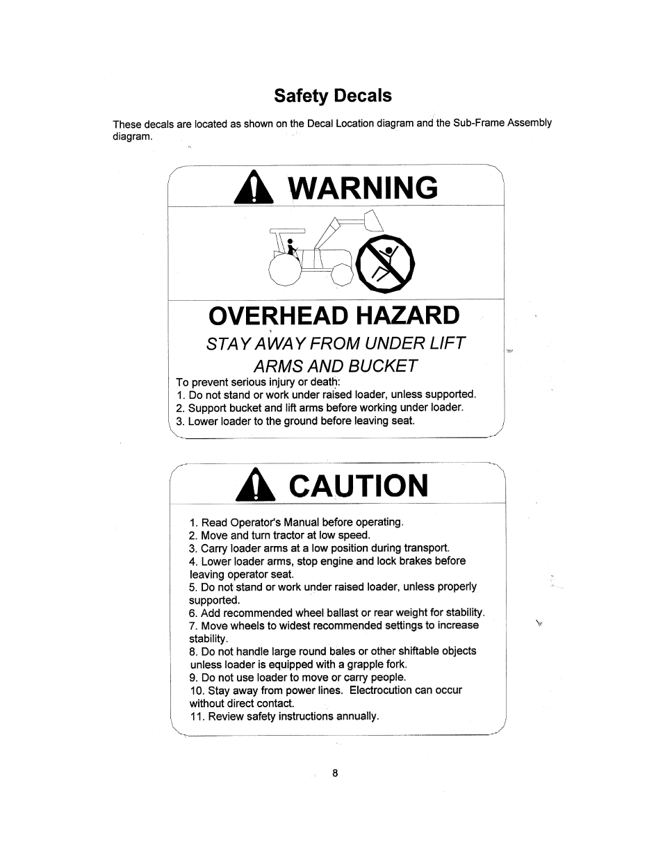 Safety decals, A warning, Caution | Overhead hazard | Allied Telesis 695 TSL User Manual | Page 10 / 38