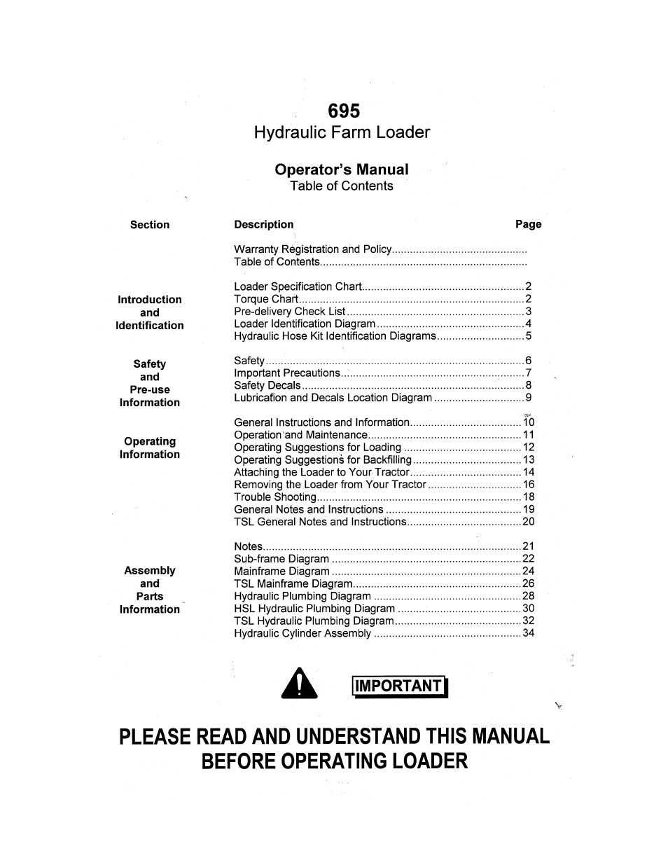 Operator’s manual, Hydraulic farm loader | Allied Telesis 695 TSL User Manual | Page 3 / 38